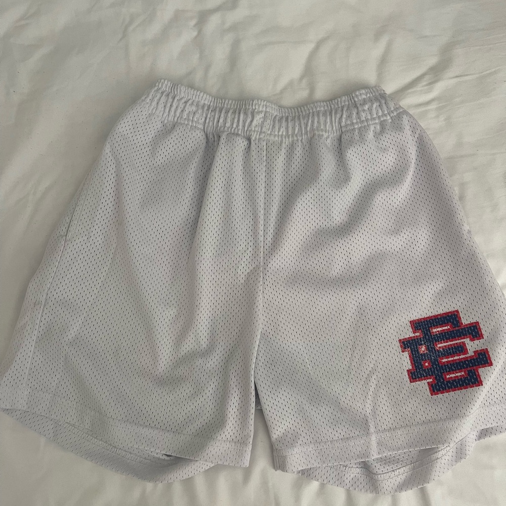 Eric Emanuel White Athletic Shorts with Red and Blue Logo